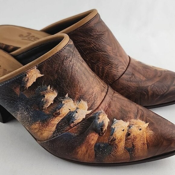 Icon Women's Leather Tan Wearable Art Western Horses Heeled Mules Shoes Size 7 - Picture 3 of 16